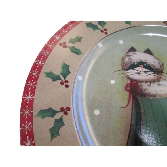 Sakura Fiddlestix Holiday Cat In Green Cape Stoneware Holly Rim Salad Plate EUC - Picture 3 of 7